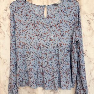Hippie Rose Light Blue Floral Peplum Long-Sleeve Top